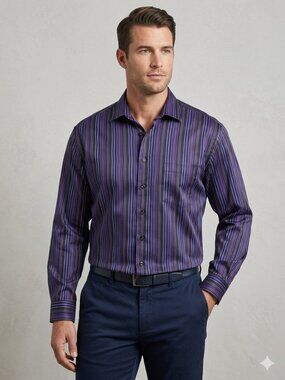 Pronto Uomo Non Iron Shirt XL Purple Black Striped Button Down 100% Cotton EUC